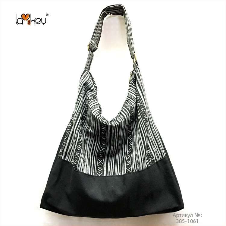 Женска раменна чанта в етнически стил, памучна тъкан, принт на ивици, с цип и памучна подплата, една презрамка