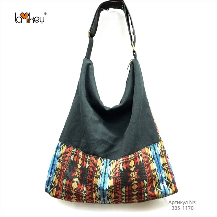 Женска раменна чанта в етнически стил, памучна тъкан, принт на ивици, с цип и памучна подплата, една презрамка