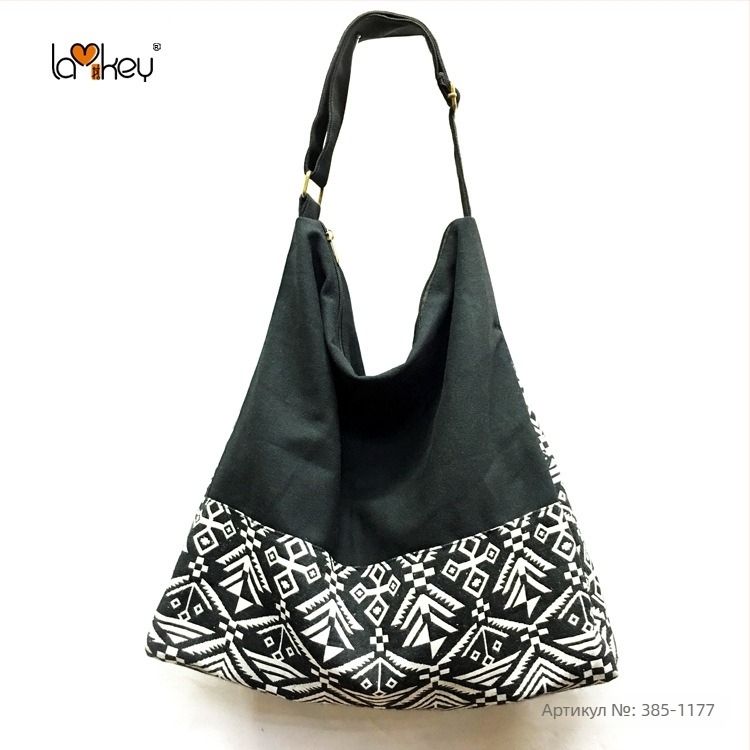 Женска раменна чанта в етнически стил, памучна тъкан, принт на ивици, с цип и памучна подплата, една презрамка