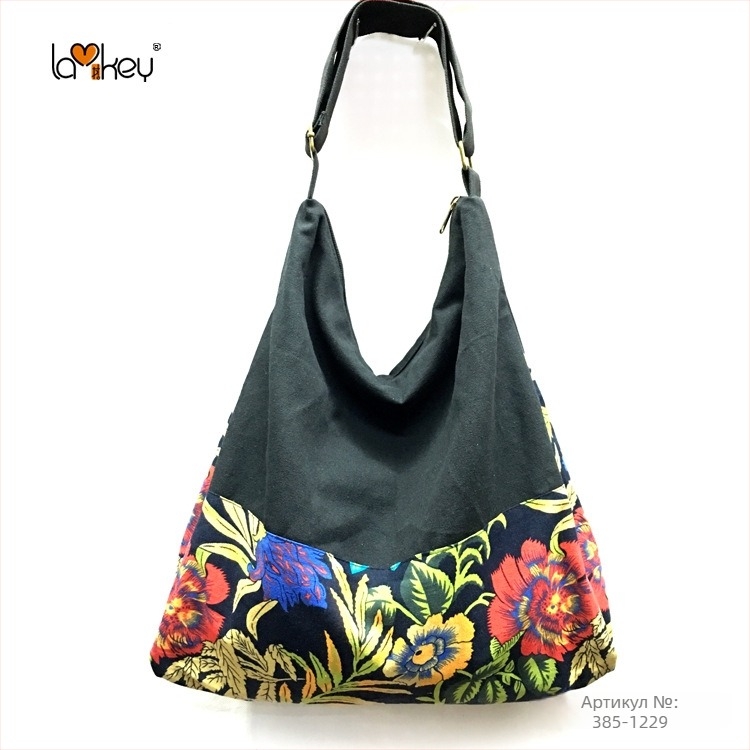 Женска раменна чанта в етнически стил, памучна тъкан, принт на ивици, с цип и памучна подплата, една презрамка