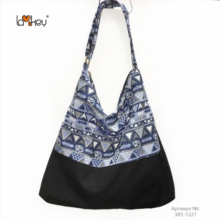 Женска раменна чанта в етнически стил, памучна тъкан, принт на ивици, с цип и памучна подплата, една презрамка