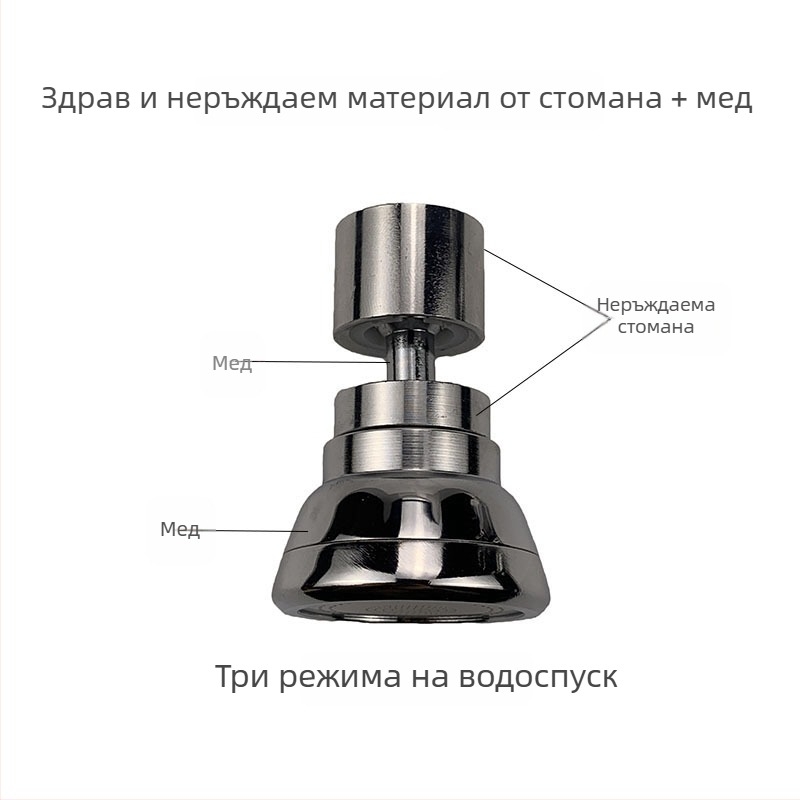 Кранов филтър накрайник, неръждаема стомана, универсално въртящ се изход с три нива на поток, против пръски и удължител