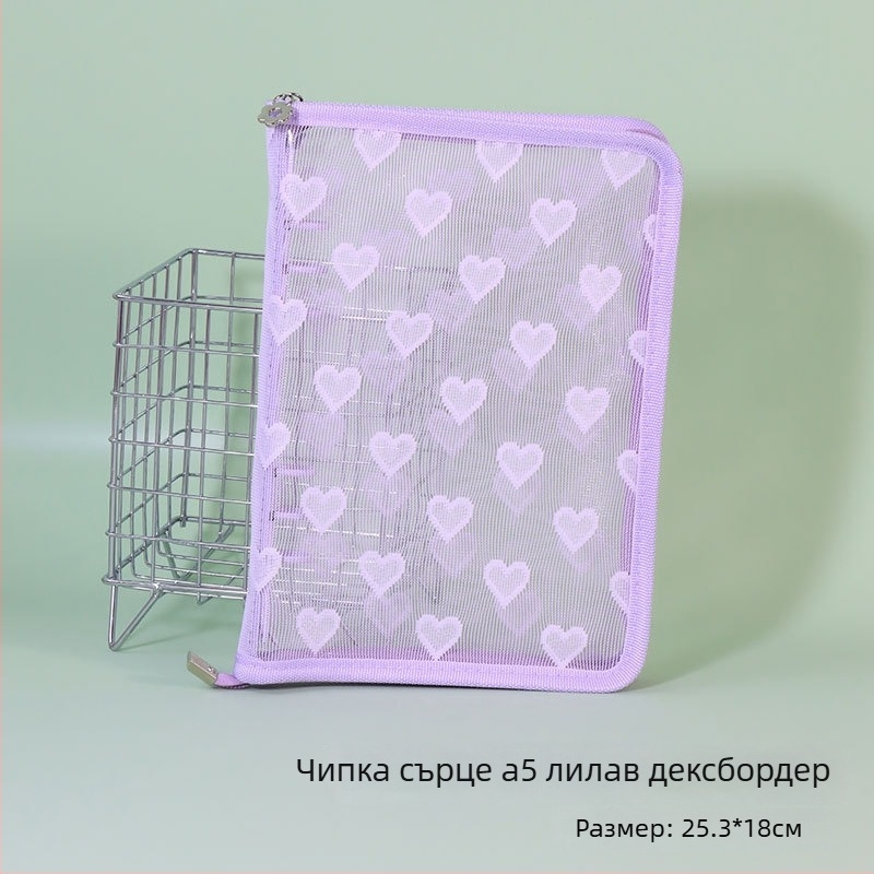 Дневник със свободни листове, прозрачно PVC покритие във форма на сърце, 3-отворно подвързване