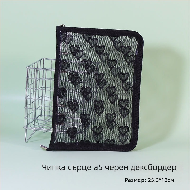 Дневник със свободни листове, прозрачно PVC покритие във форма на сърце, 3-отворно подвързване