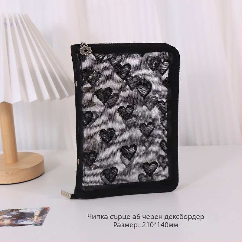 Дневник със свободни листове, прозрачно PVC покритие във форма на сърце, 3-отворно подвързване