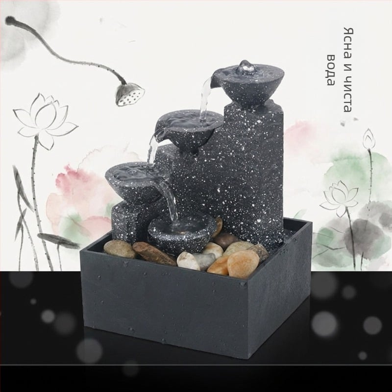 Настолен фонтан за дома и офиса — привличащ богатство воден поток, декоративна ландшафтна композиция; материали: пластмаса и смола; категория: смолни занаяти; код на продукта: 6fhyfnt8