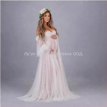 Рокля с едно рамо от мрежеста материя, patchwork, за бременни, дълга A-линия, пухкав ръкав