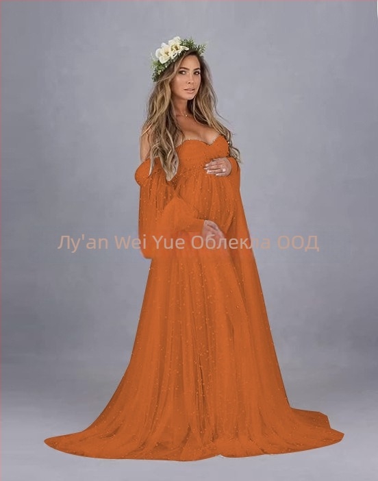 Рокля с едно рамо от мрежеста материя, patchwork, за бременни, дълга A-линия, пухкав ръкав