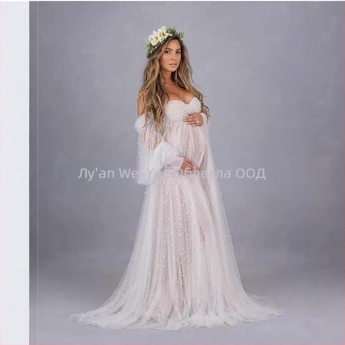 Рокля с едно рамо от мрежеста материя, patchwork, за бременни, дълга A-линия, пухкав ръкав