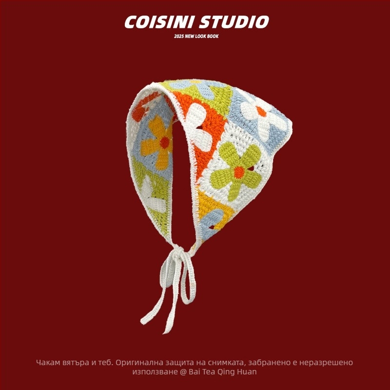 Ластик за коса със сладък плетен мотив, цвете и каре шарка, стил триъгълен шал, пролет 2025