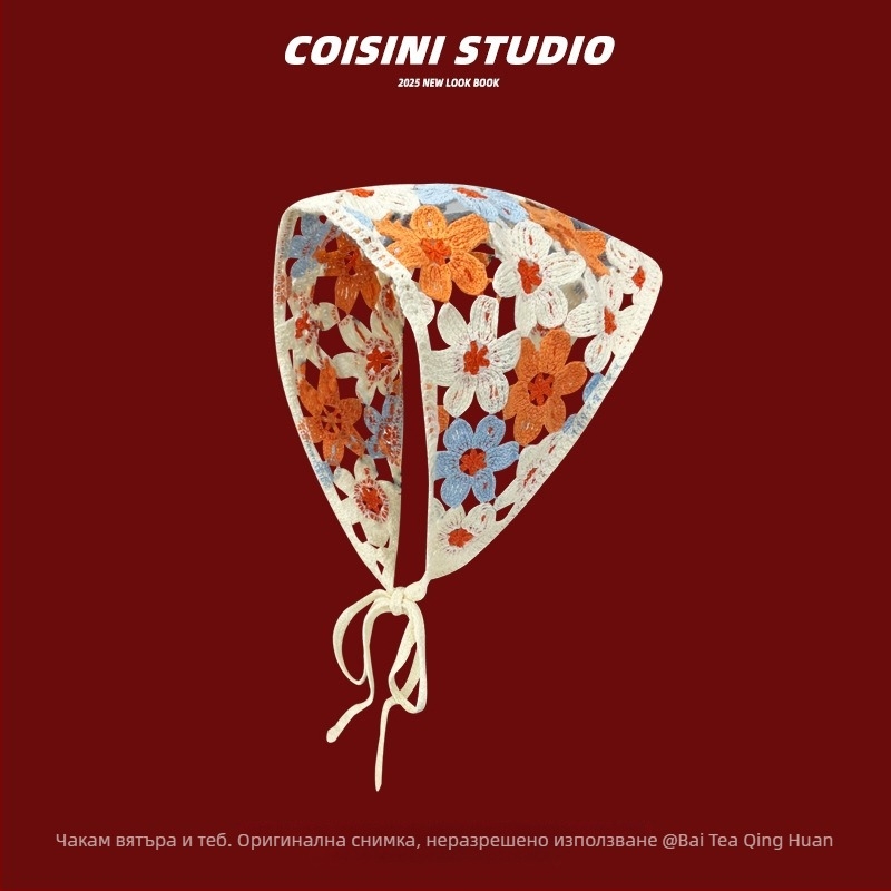 Ластик за коса със сладък плетен мотив, цвете и каре шарка, стил триъгълен шал, пролет 2025