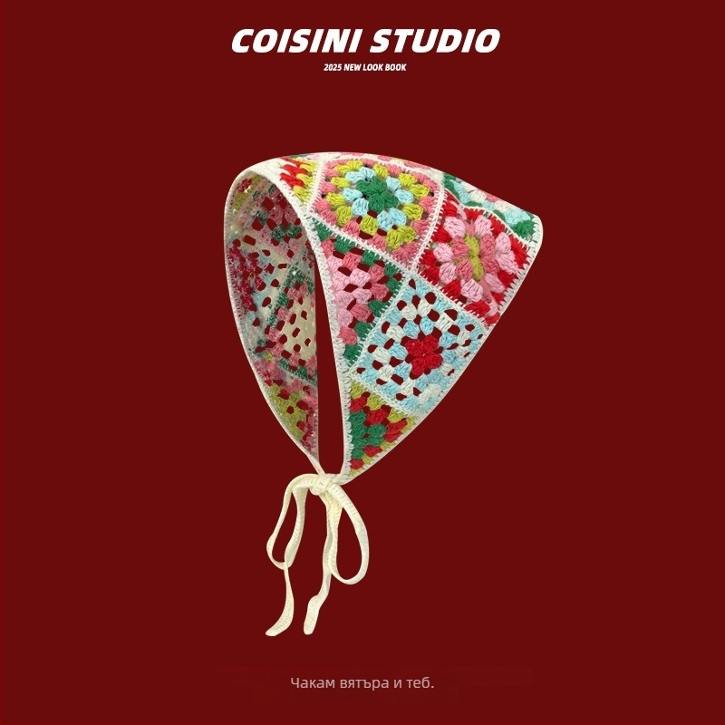 Ластик за коса със сладък плетен мотив, цвете и каре шарка, стил триъгълен шал, пролет 2025