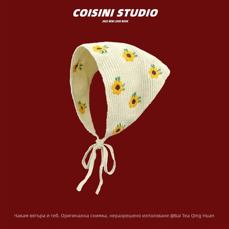 Ластик за коса със сладък плетен мотив, цвете и каре шарка, стил триъгълен шал, пролет 2025