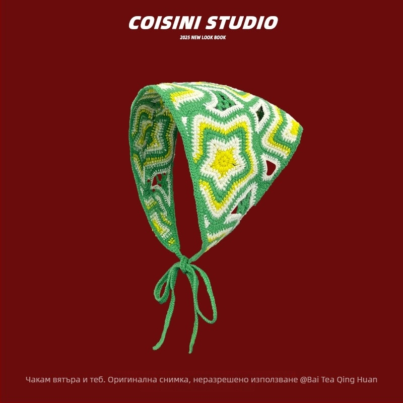 Ластик за коса със сладък плетен мотив, цвете и каре шарка, стил триъгълен шал, пролет 2025