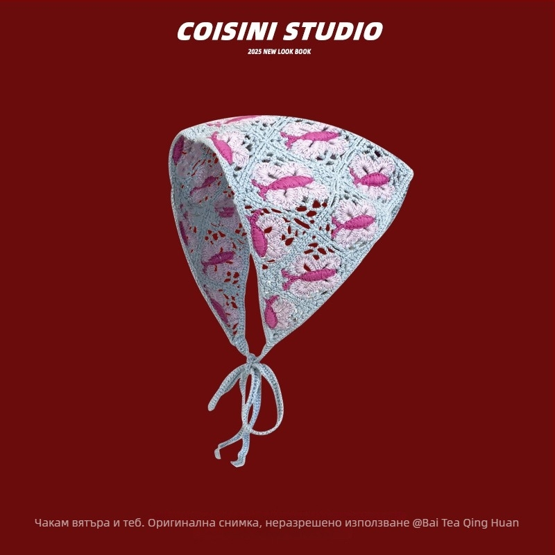 Ластик за коса със сладък плетен мотив, цвете и каре шарка, стил триъгълен шал, пролет 2025