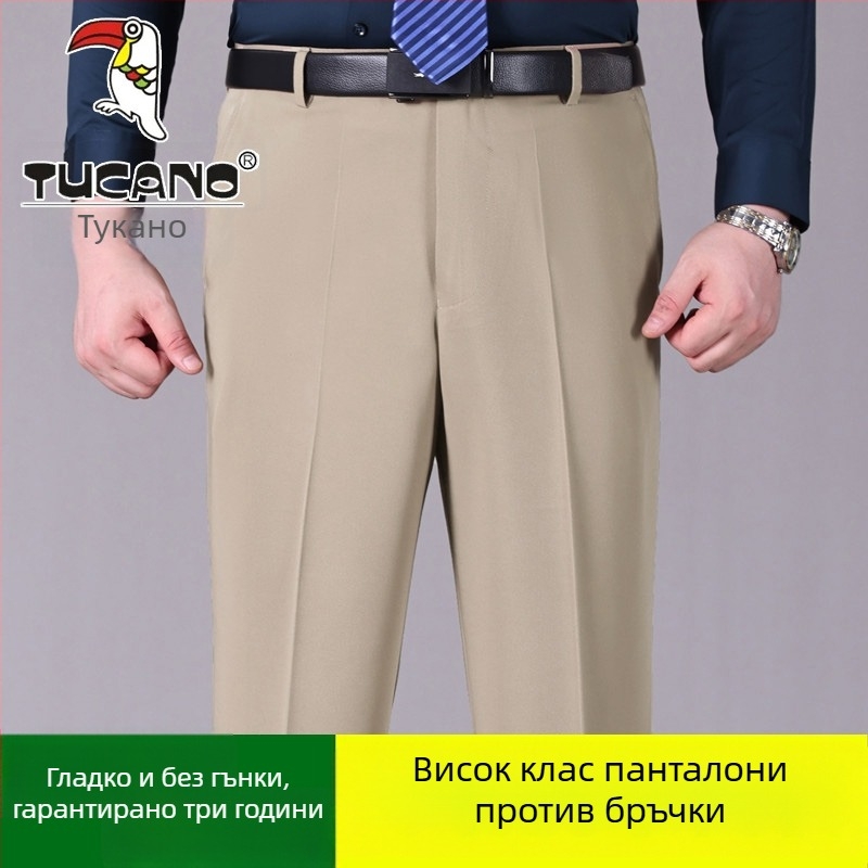 Мъжки памучни ежедневни панталони, прав силует, висока талия, без гладене