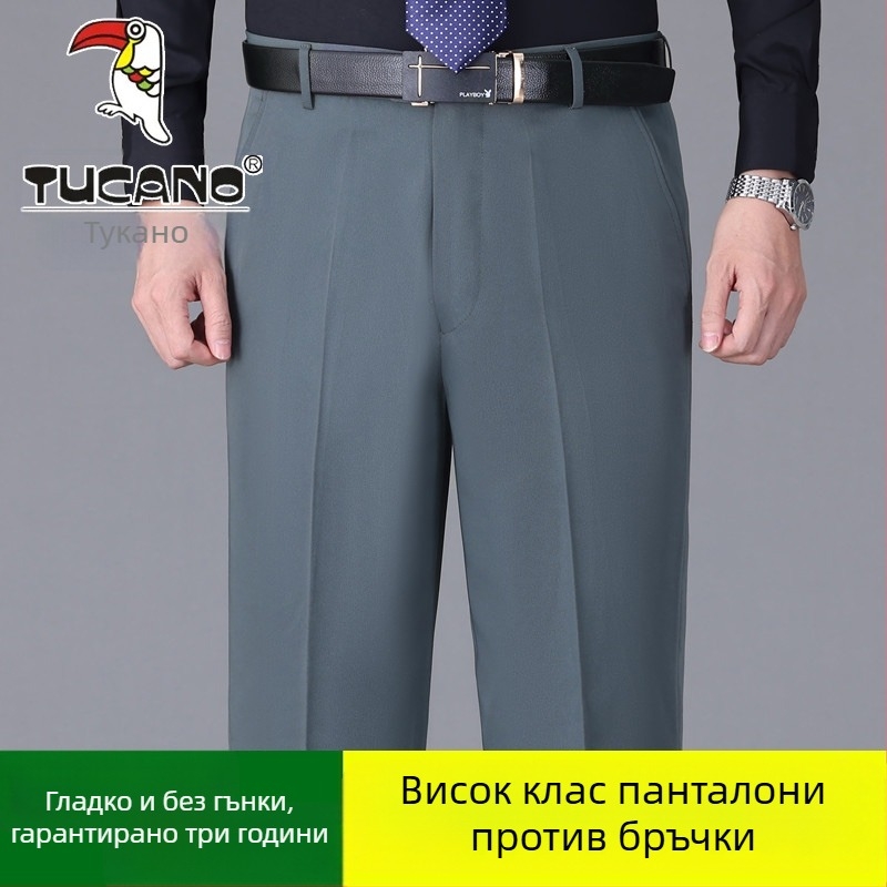 Мъжки памучни ежедневни панталони, прав силует, висока талия, без гладене