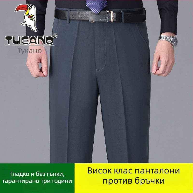 Мъжки памучни ежедневни панталони, прав силует, висока талия, без гладене