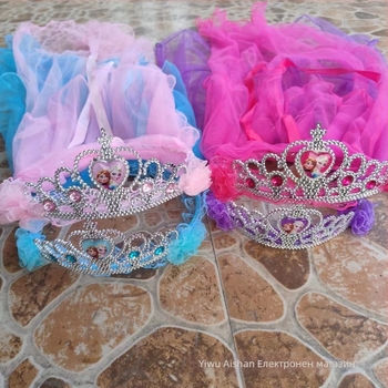 Детска корона с воал за глава, мрежест материал, карикатурен стил, унисекс, двойнослойна, персонализация при поръчка