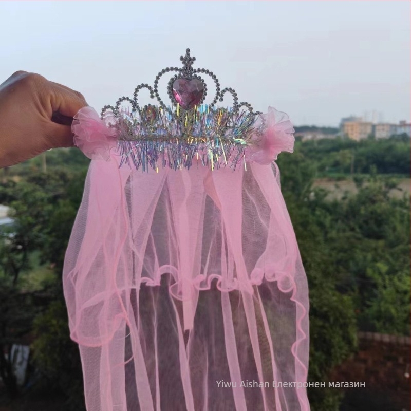 Детска корона с воал за глава, мрежест материал, карикатурен стил, унисекс, двойнослойна, персонализация при поръчка