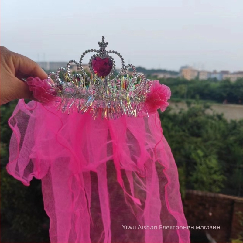 Детска корона с воал за глава, мрежест материал, карикатурен стил, унисекс, двойнослойна, персонализация при поръчка