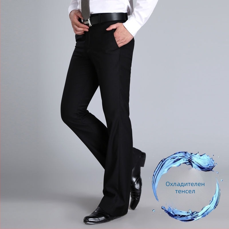 Мъжки панталони с прав силует, свободни широки крачоли, висока талия, микроеластичност, плат от бамбук и коприна