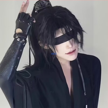 Мъжка перука за ханфу – древен стил, дълга коса, висока опашка, пълно покритие на главата, термоустойчива синтетична влакна