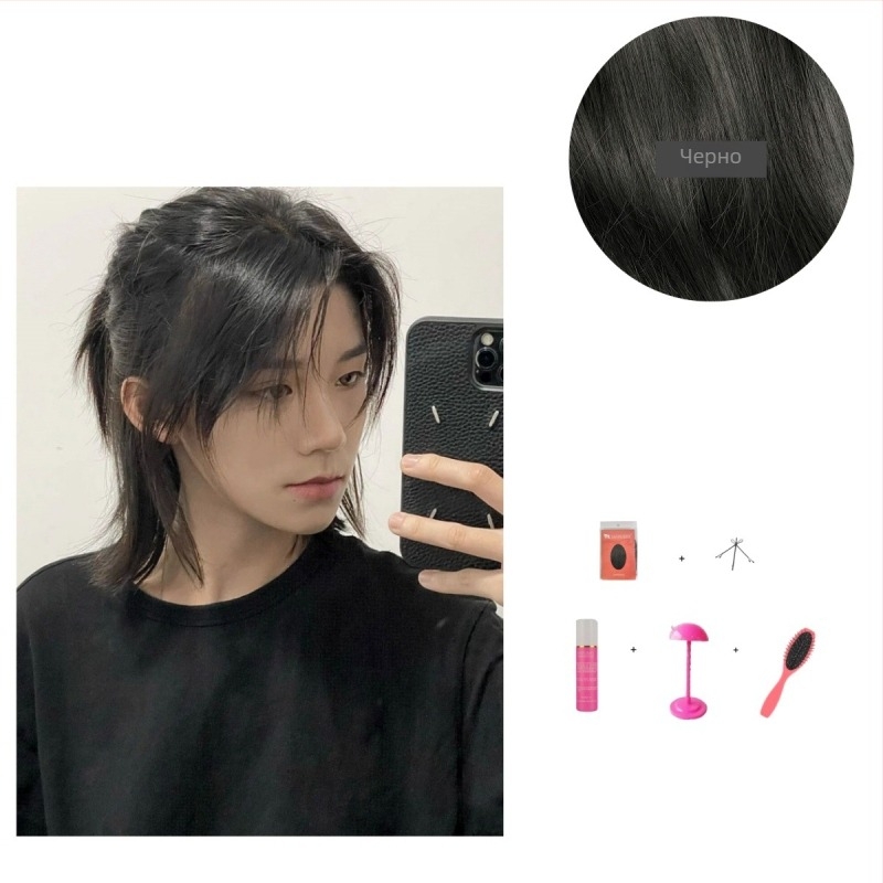 Мъжка перука за ханфу – древен стил, дълга коса, висока опашка, пълно покритие на главата, термоустойчива синтетична влакна