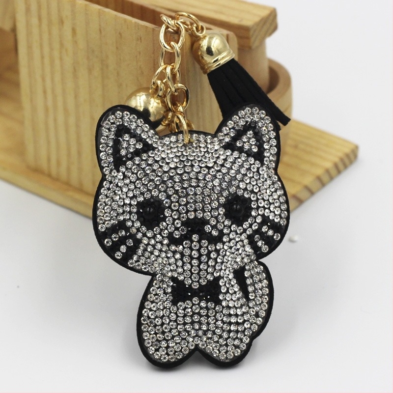 Метален ключодържател с карикатурно котенце, инкрустирано с диаманти, висулка за чанта с пискюл, корейски стил, индивидуално опакован