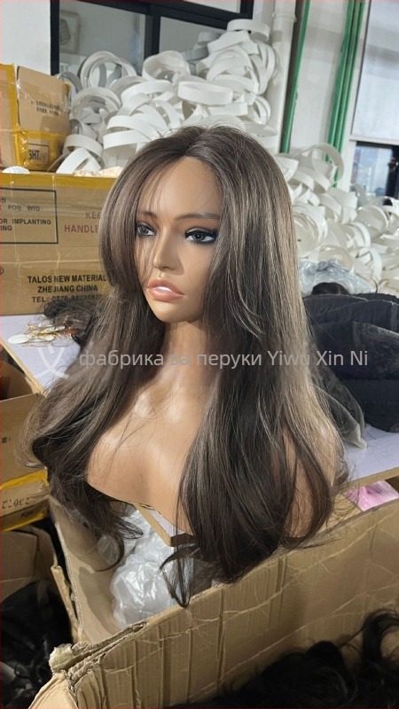 Перука с предна дантела и U-образна линия на косата, обемен връх, пухкави големи вълни, напълно ръчно изработена, дълга къдрава коса със странични челки