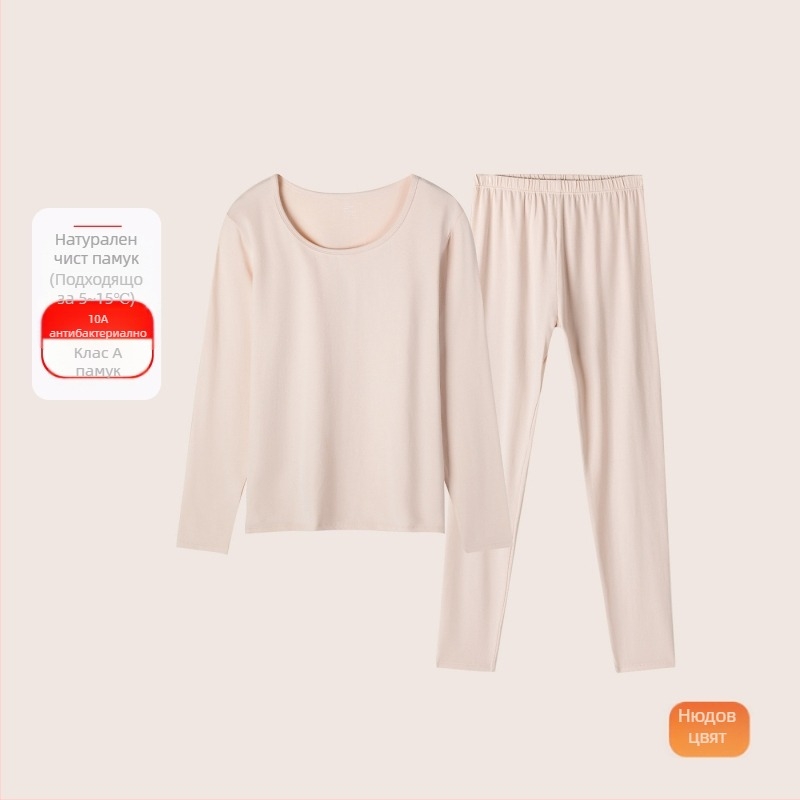 Женски термо комплект от памук: горнище и долнище, тънък плат, 95–100% памук, кръгло деколте, дълги ръкави, базов слой за носене отвън