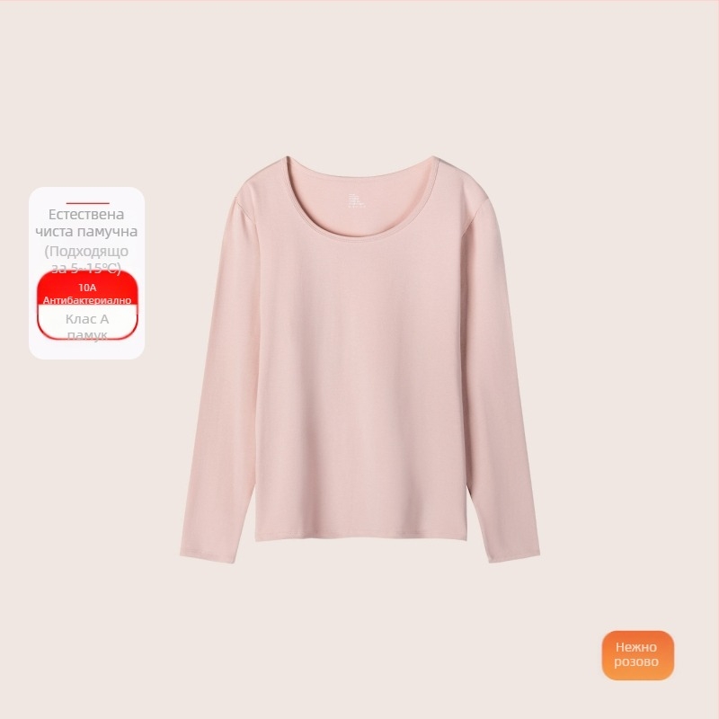 Женски термо комплект от памук: горнище и долнище, тънък плат, 95–100% памук, кръгло деколте, дълги ръкави, базов слой за носене отвън