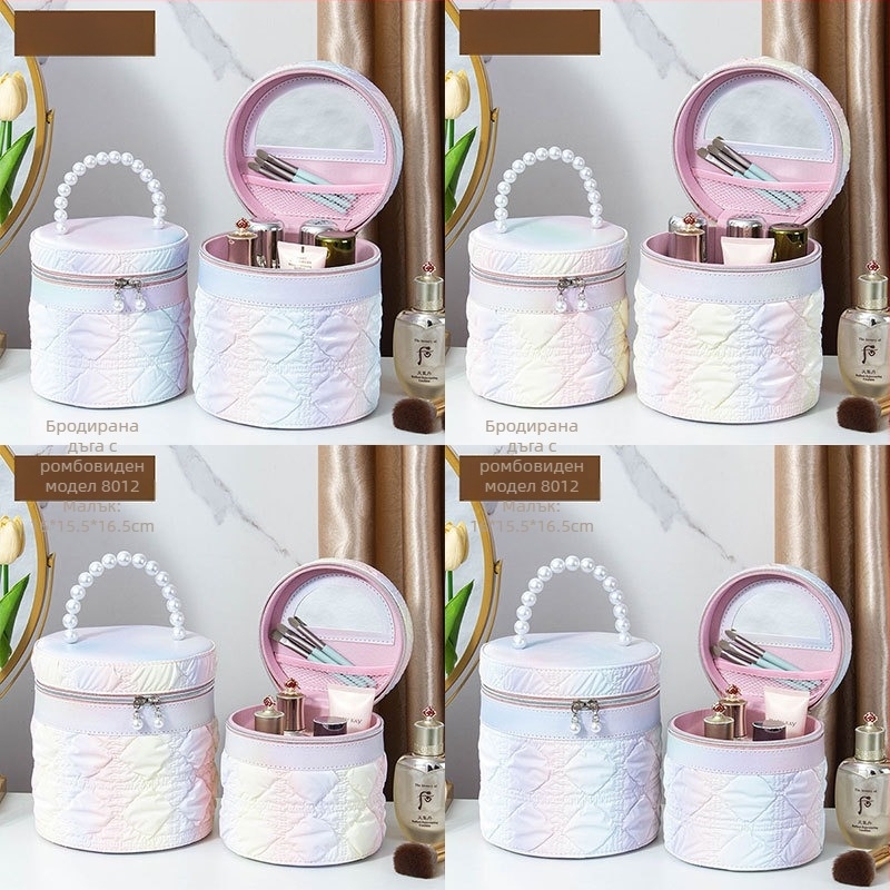 Козметичен калъф с огледало, PVC материал, цип за закопчаване, шарка каре, преносим с универсални колела