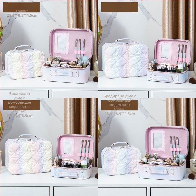 Козметичен калъф с огледало, PVC материал, цип за закопчаване, шарка каре, преносим с универсални колела
