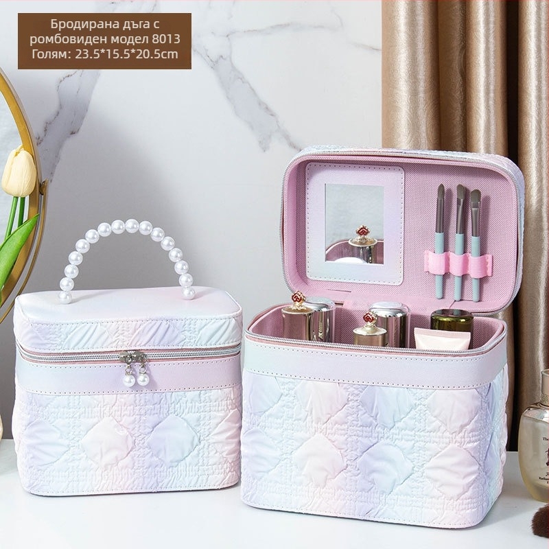 Козметичен калъф с огледало, PVC материал, цип за закопчаване, шарка каре, преносим с универсални колела