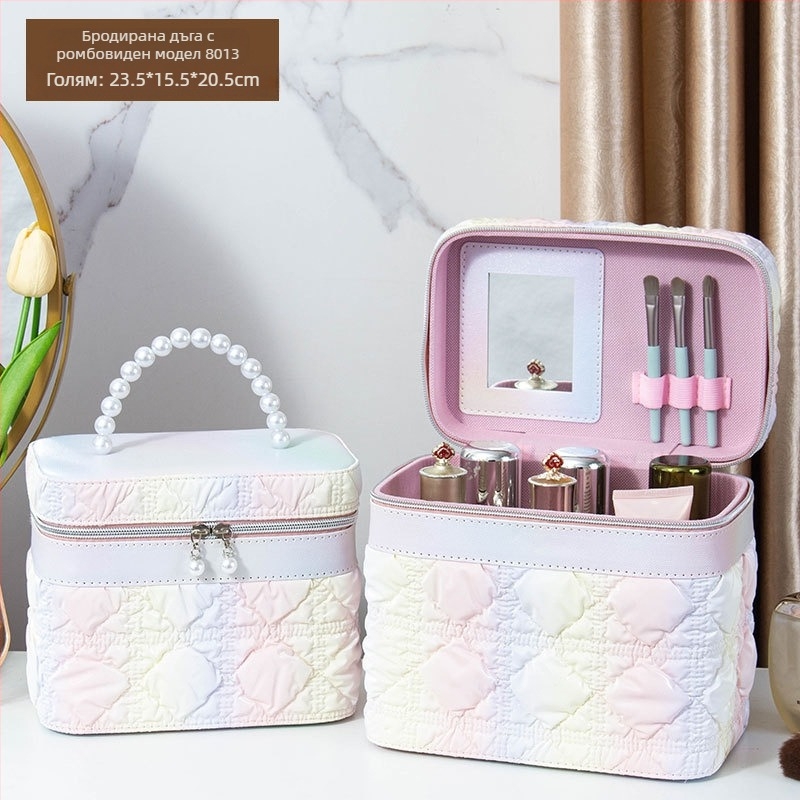 Козметичен калъф с огледало, PVC материал, цип за закопчаване, шарка каре, преносим с универсални колела