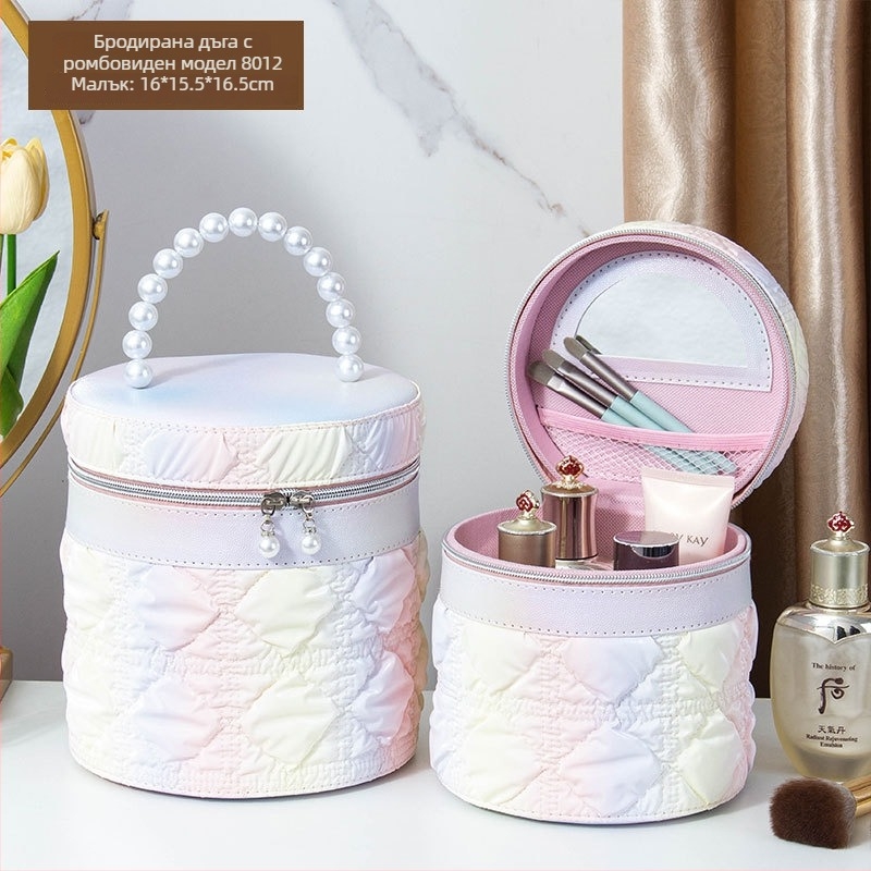 Козметичен калъф с огледало, PVC материал, цип за закопчаване, шарка каре, преносим с универсални колела