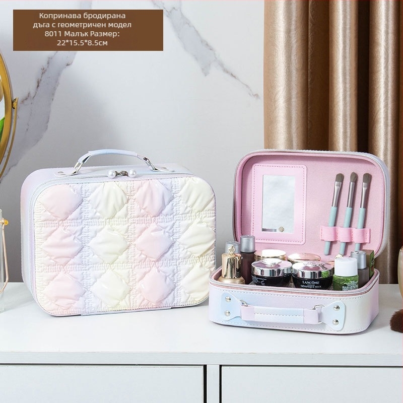 Козметичен калъф с огледало, PVC материал, цип за закопчаване, шарка каре, преносим с универсални колела