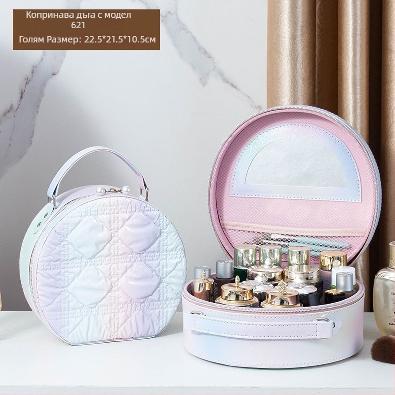 Козметичен калъф с огледало, PVC материал, цип за закопчаване, шарка каре, преносим с универсални колела