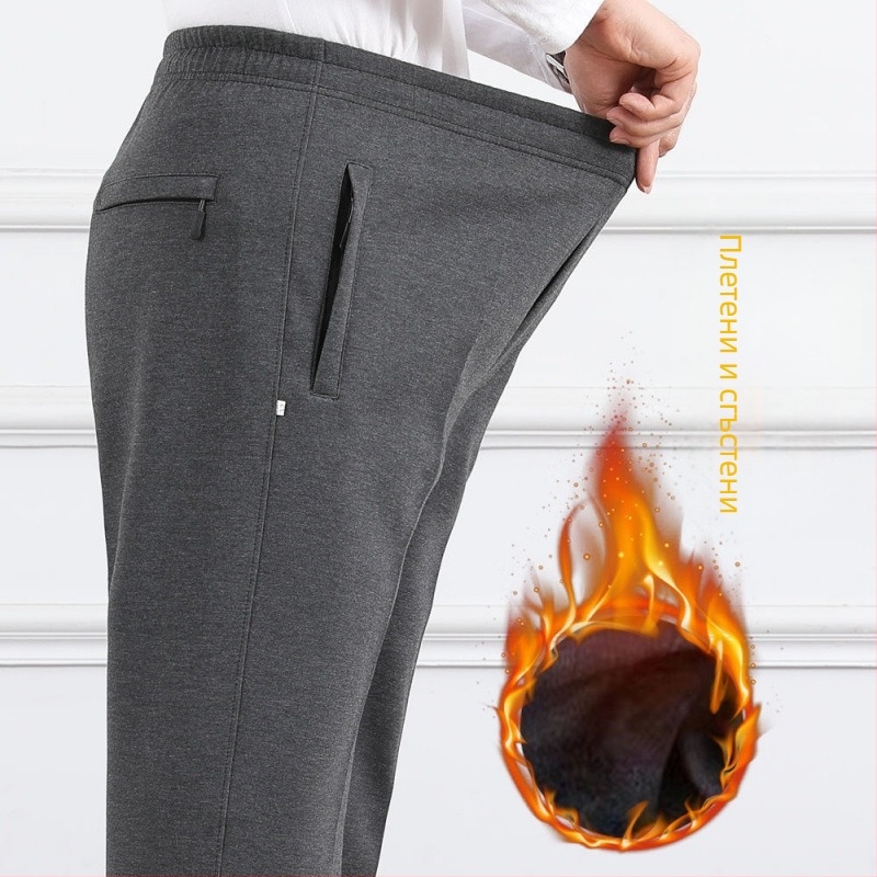 Мъжки панталони с висока талия, подплатени с флис, свободен крой, прав крачол, полиестерен плат