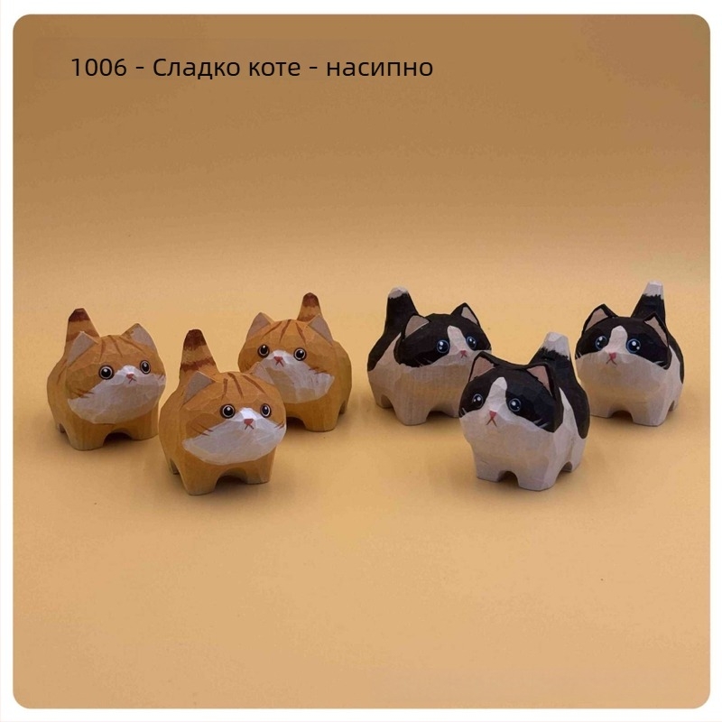 Ръчно резбована дървена котешка фигурка, сладък оранжев котарак, дървен декоративен сувенир
