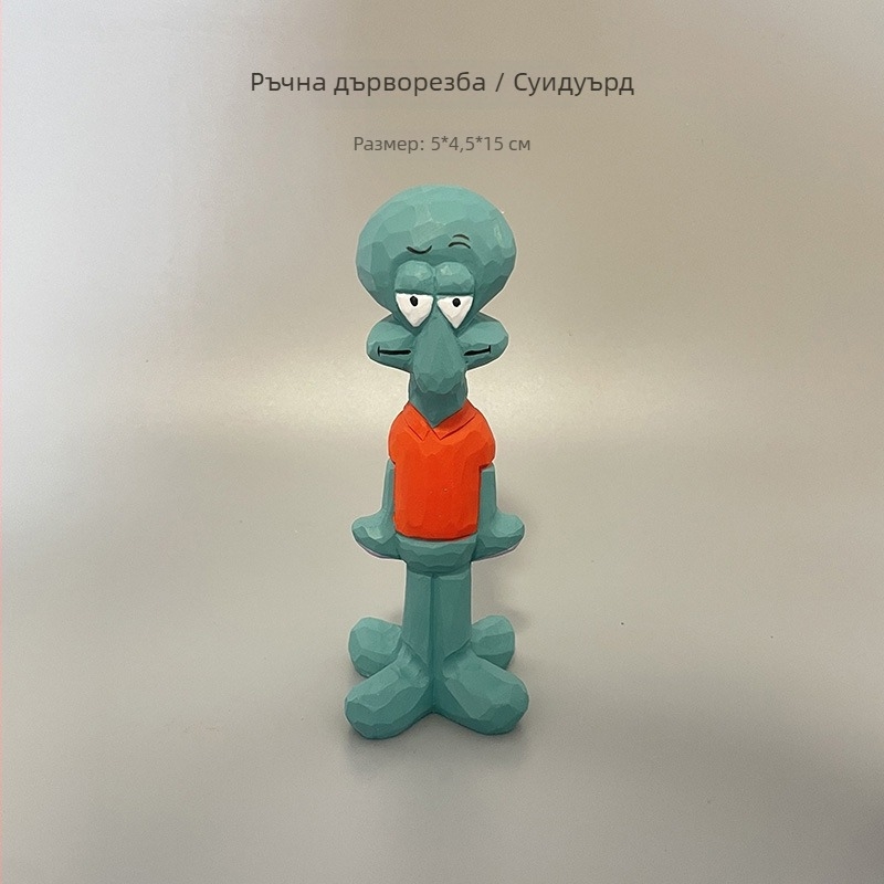 Ръчно изработена дървена резба: Сквидвард като западен каубой — настолен декоративен орнамент