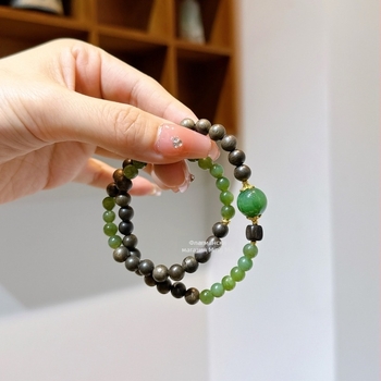 Природен хетиански нефрит и яспър кръгли мъниста, комбинирани с агарово дърво, гривна за дама в китайски стил, мултислойна, лек лукс