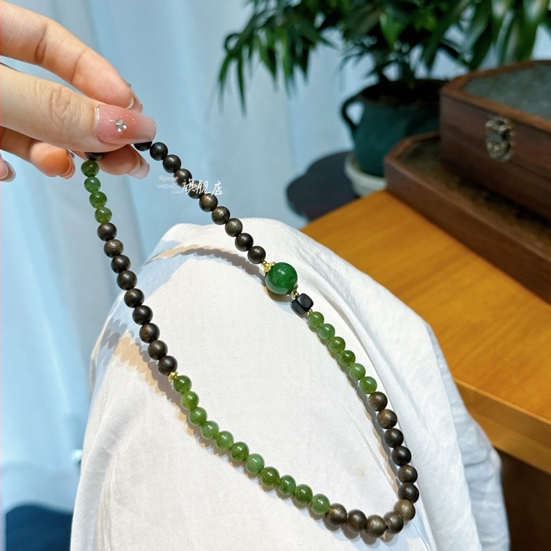 Природен хетиански нефрит и яспър кръгли мъниста, комбинирани с агарово дърво, гривна за дама в китайски стил, мултислойна, лек лукс