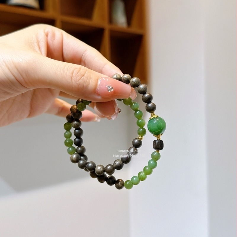 Природен хетиански нефрит и яспър кръгли мъниста, комбинирани с агарово дърво, гривна за дама в китайски стил, мултислойна, лек лукс