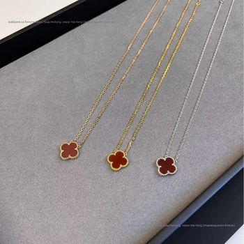 Комплект колие и гривна с детелина от червен халцедон, 18K златно покритие, естествен червен ахат, флорална украса