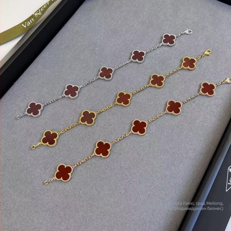 Комплект колие и гривна с детелина от червен халцедон, 18K златно покритие, естествен червен ахат, флорална украса