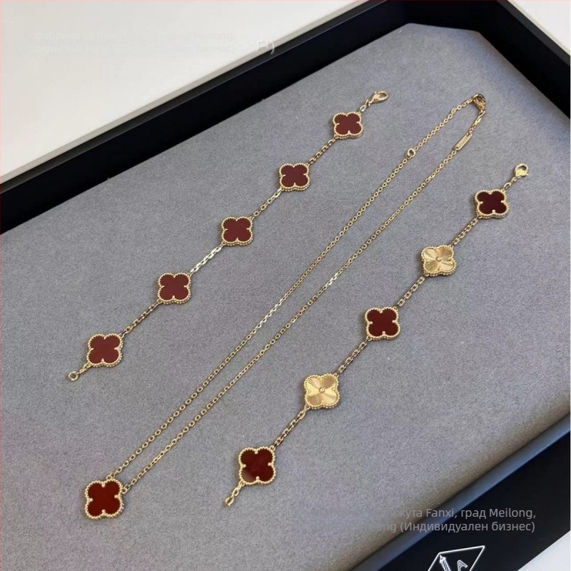 Комплект колие и гривна с детелина от червен халцедон, 18K златно покритие, естествен червен ахат, флорална украса