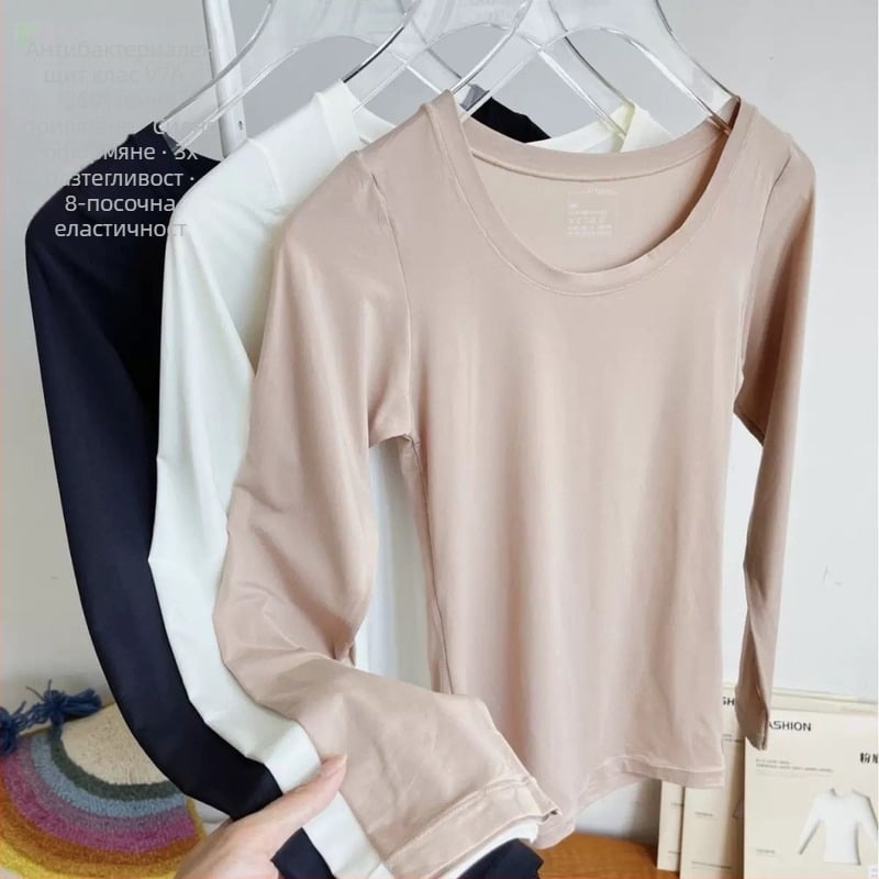 Ултратънък дамски базов слой с кръгъл деколте, дълги ръкави, нейлон, термо бельо