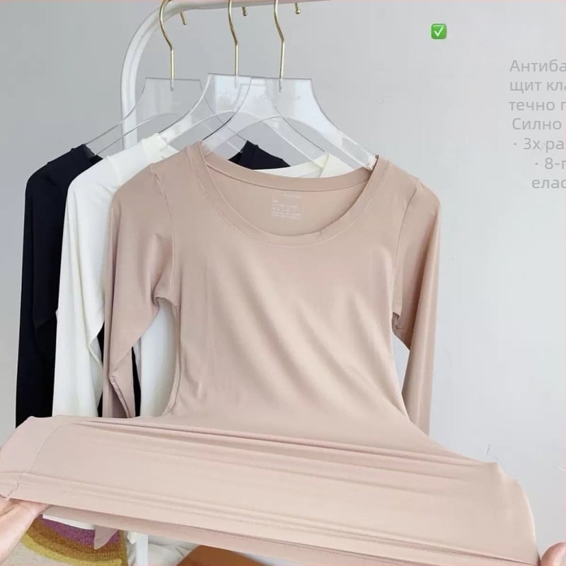 Ултратънък дамски базов слой с кръгъл деколте, дълги ръкави, нейлон, термо бельо